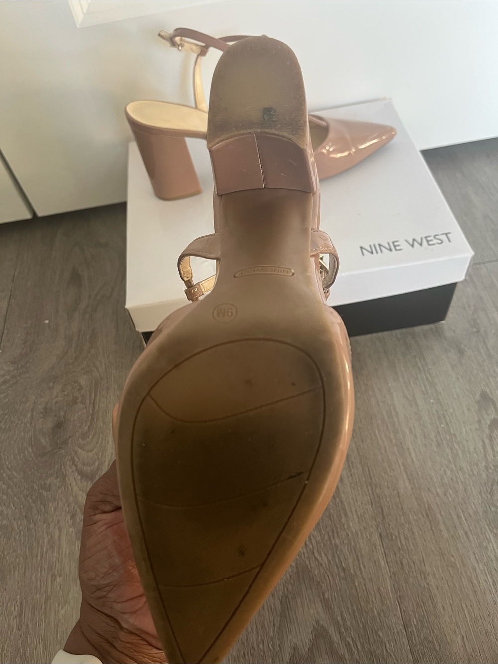Nine West Patent Nude Brown Pointed Block Heel Sandals - Picture 5 of 5